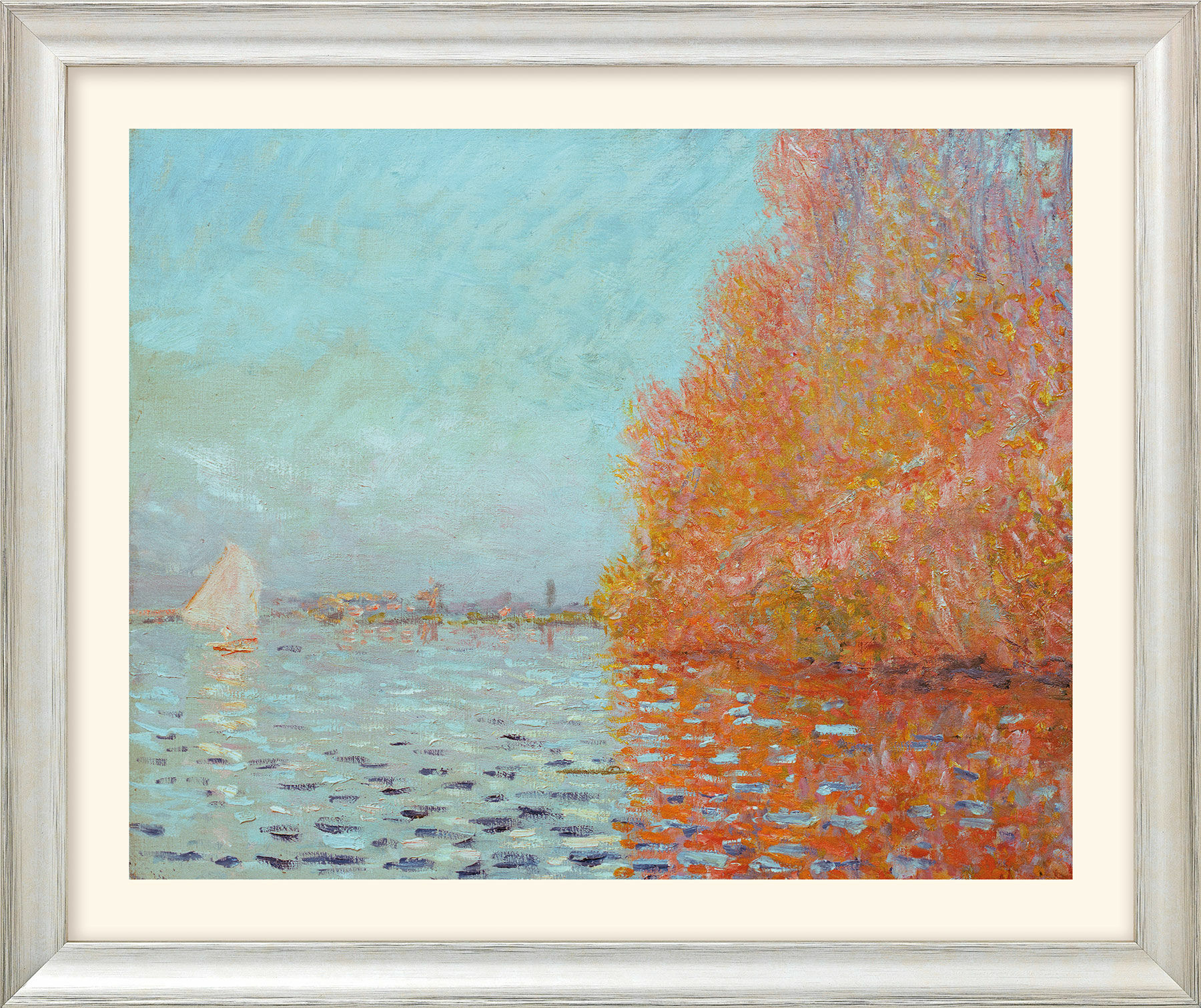 Bild "Die Bucht von Argenteuil mit einem Segelboot" (1874), Version silberfarben gerahmt von Claude Monet
