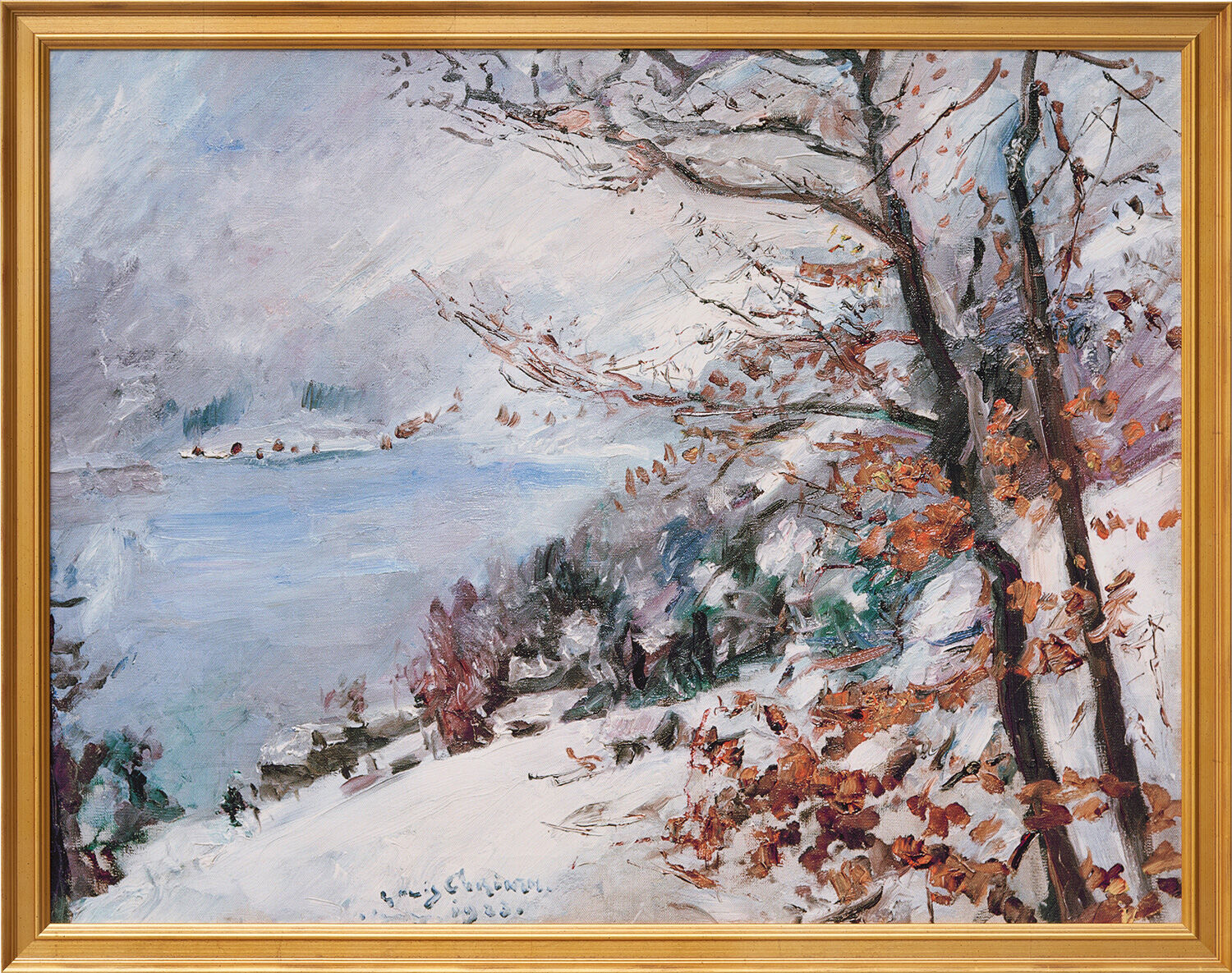 Bild "Walchensee im Winter" (1923), Version goldfarben gerahmt von Lovis Corinth