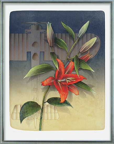 Bild "Feuerlilie und Flugzeug", gerahmt von Ernst Hanke