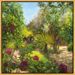 Bild "Le Jardin, St. Tropez", Version goldfarben gerahmt