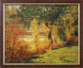 Bild "Ufer unter Bäumen und Büschen" (1900), gerahmt