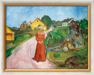 Bild "Frau im roten Kleid (Straße in Asgardstrand)" (1902/03), gerahmt von Edvard Munch