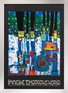 Bild "Imagine tomorrows world" (blaue Version), gerahmt von Friedensreich Hundertwasser