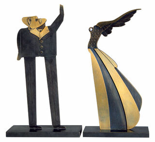 Skulpturengruppe "Flügelfrau und Fragensteller", Bronze